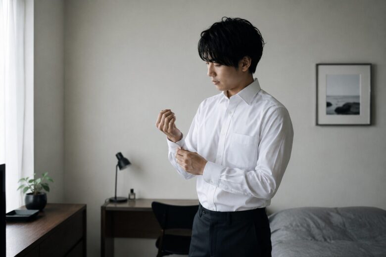 ワイシャツを着る男性の画像